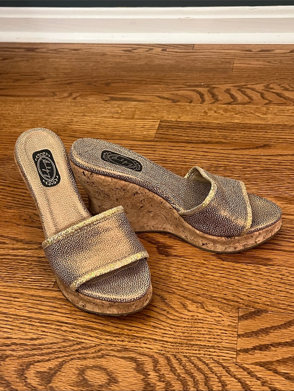 Salpy Handcrafted Metallic Gold Cork Platform Wedge Slide Sandals - Size 6.5